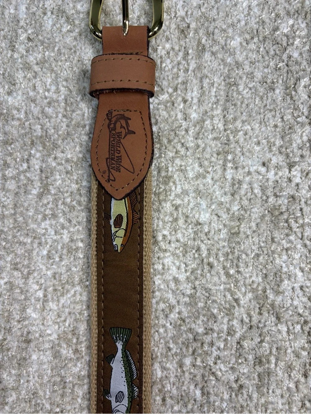 Vintage 90’s Made in USA Men’s Brown Fish-Print Canvas and Leather Belt